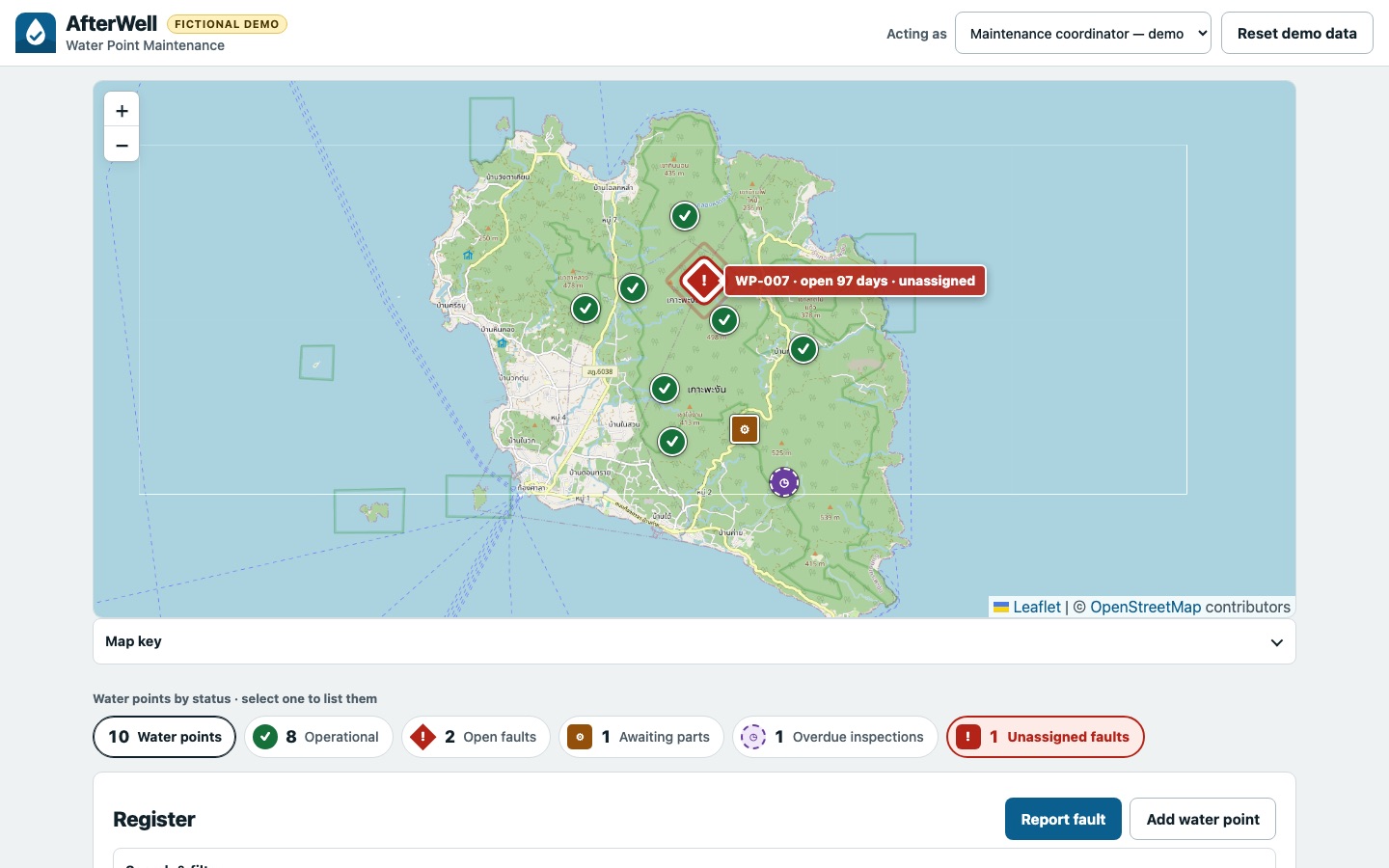 AfterWell: a demo map of water points, including one marked as open for 97 days with no one assigned to follow up.