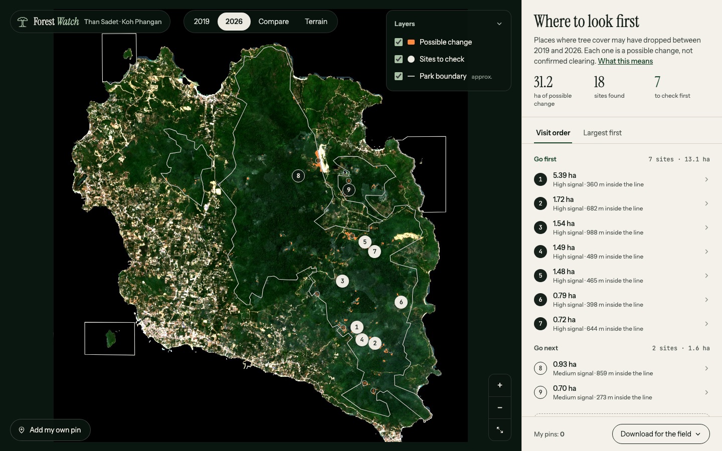 Forest Watch: a satellite map of Koh Phangan highlighting places worth checking on the ground.